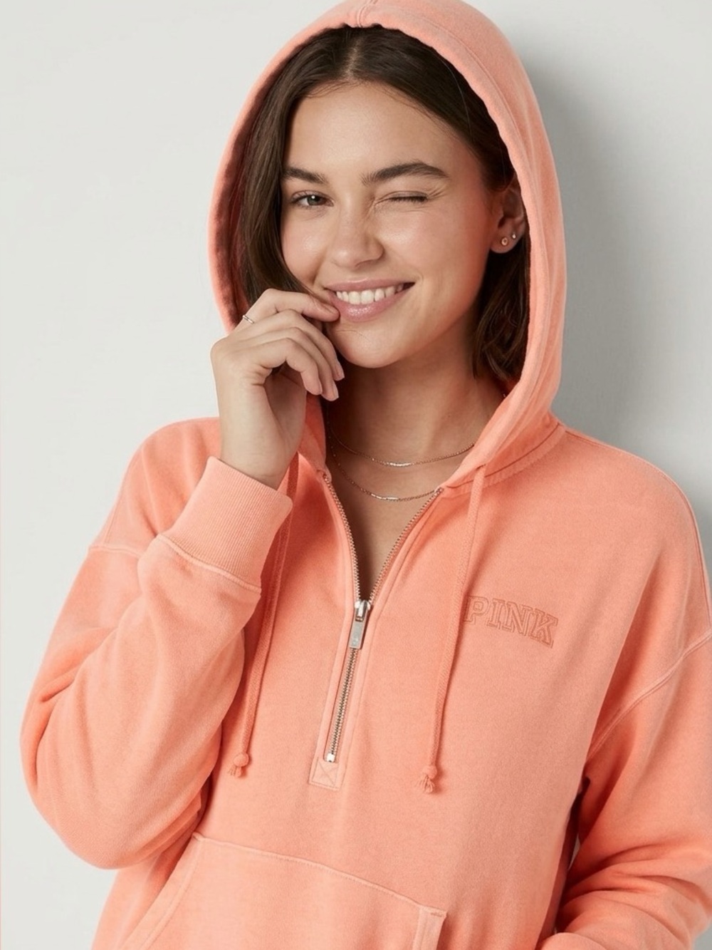 PINK Victoria's Secret Ivy Fleece Campus Hoodie L Coral Quarter Zip Oversized